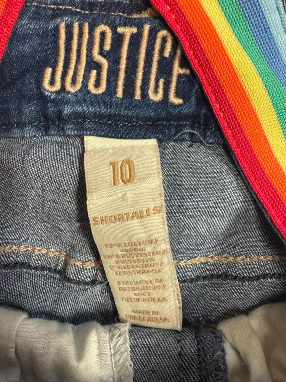 Justice Girls Denim Shortalls Rainbow Straps Size XS Distressed Hem Like New
